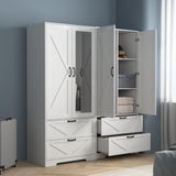 Armoire Wardrobe Closet, with 2 Rattan Doors, Freestanding Wooden Wardrobe Cabinet with 3 Storage Drawers and Hanging Rail, Wardrobe Armoire for Bedroom (White+Mirror) Rumiiro