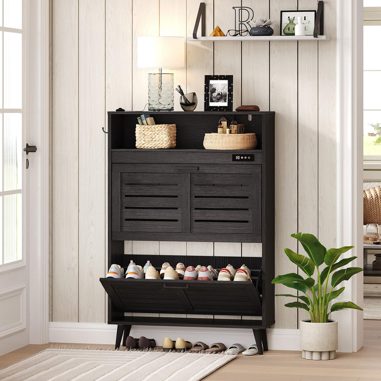 ChooChoo Shoe Storage Cabinet with 2 Flip Drawers, Deodorizing Shoe Cabinet Organizer with Open Storage, Freestanding Hidden Narrow Slim Shoe Rack Cabinet Space Saving for Entryway, Black ChooChoo