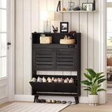 ChooChoo Shoe Storage Cabinet with 2 Flip Drawers, Deodorizing Shoe Cabinet Organizer with Open Storage, Freestanding Hidden Narrow Slim Shoe Rack Cabinet Space Saving for Entryway, Black ChooChoo