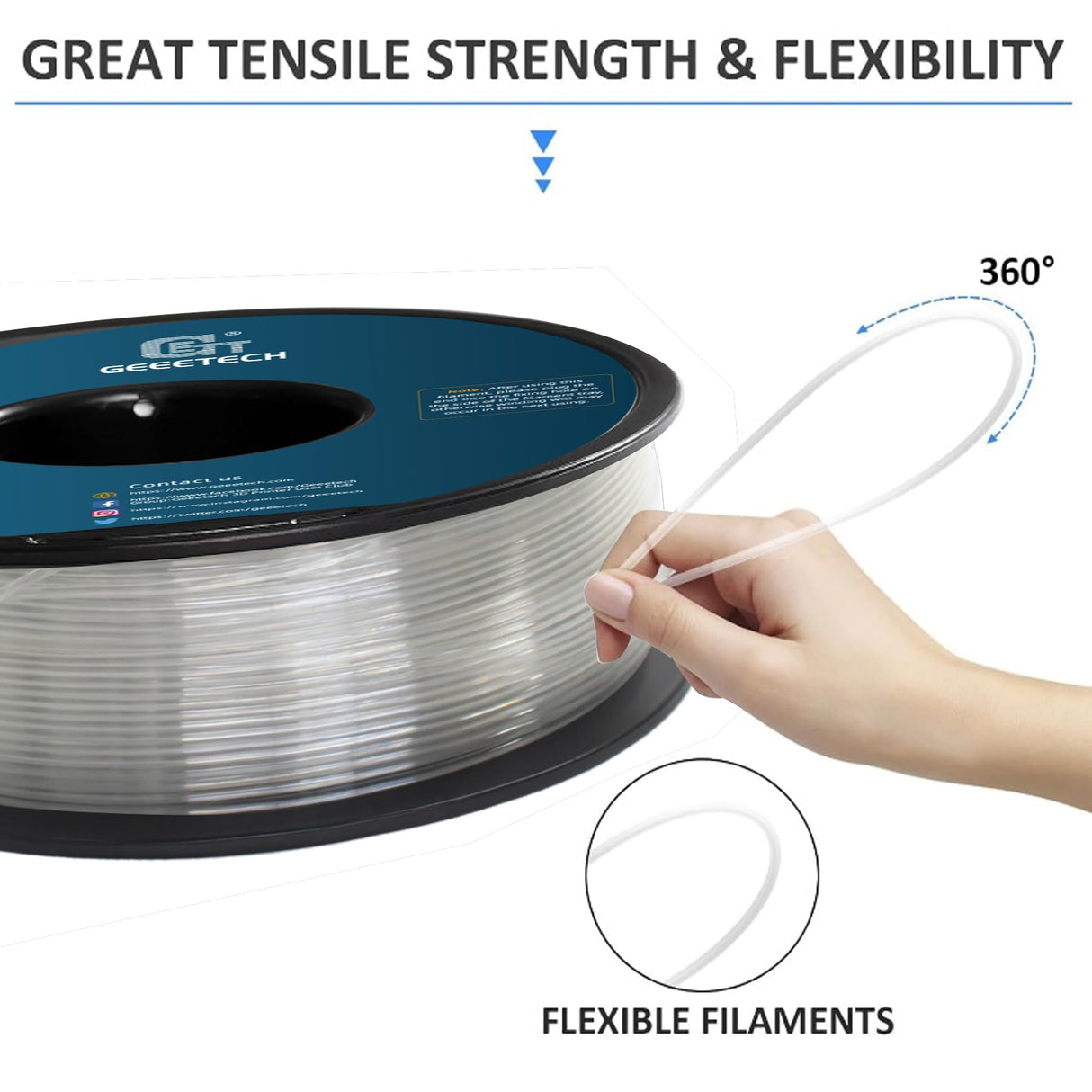 Geeetech TPU Filament 1.75mm, Shore 95A Flexible 3D Printer Filament with High Elasticity, 1KG (2.2lbs) Spool, Dimensional Accuracy ±0.03mm, Fits Most FDM Printers (Clear) Geeetech