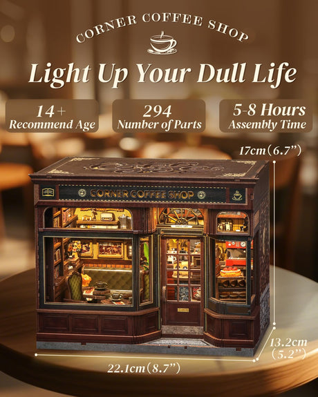 Cutefun Book Nook Kit - DIY Miniature Doll House Kit, Book Nook Kits for Adults, 3D Wooden Puzzle Bookend Bookshelf with LED Light for Cafe Crafts Lovers (Corner Coffee Shop) Cutefun