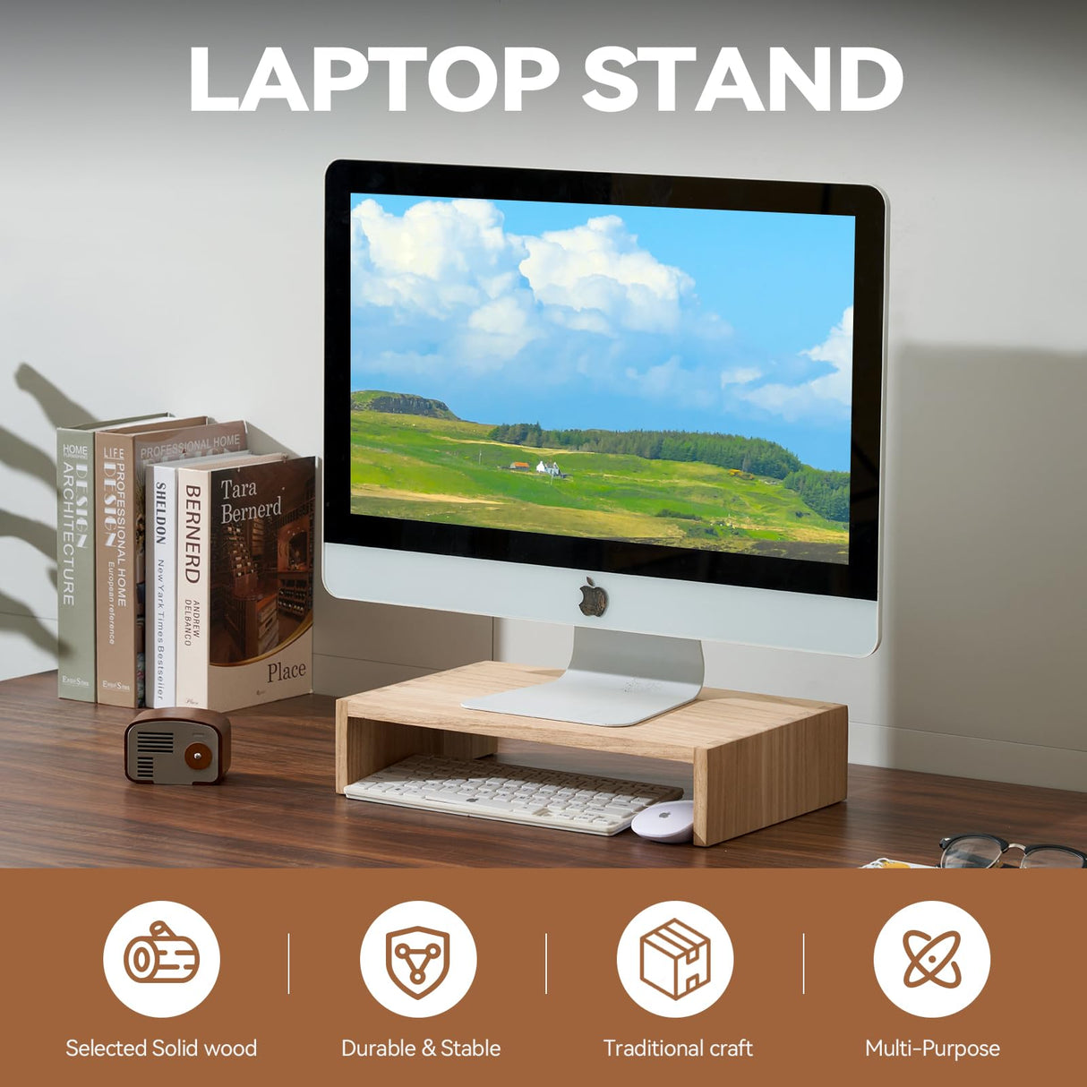 KIRIGEN Monitor Stand Wooden -Desk Stand Wood for Computer/Laptop/TV Printer - Monitor Arms & Stands Desk Riser for Office Organizers - Desktop Workspace Platforms Stands (39,Natural) KIRIGEN