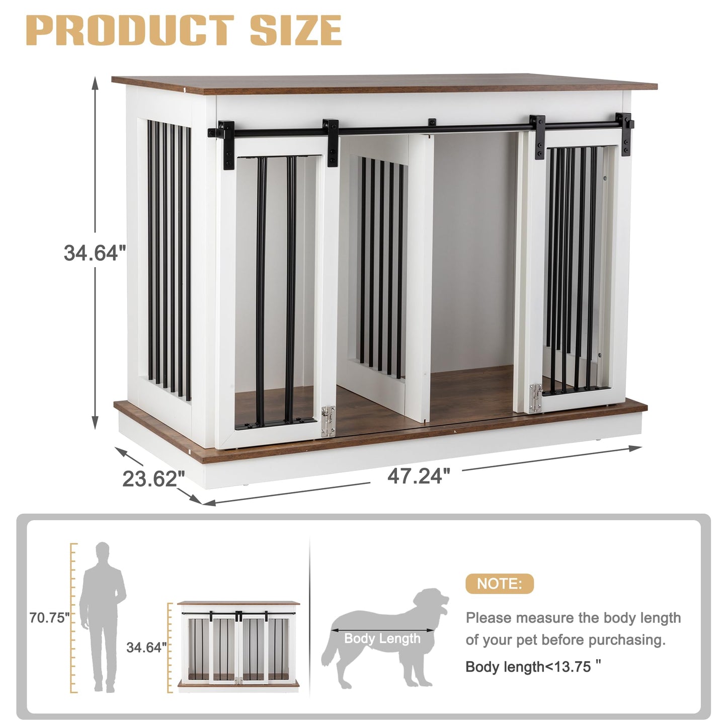 Sunseen Dog Crate Furniture with Divider,Wooden Dog Kennel End Table,Large Breed Dog House Indoor for One Large Dog or Two Small Dogs,Double Doors,47''W*24''D*35''H,White - WoodArtSupply