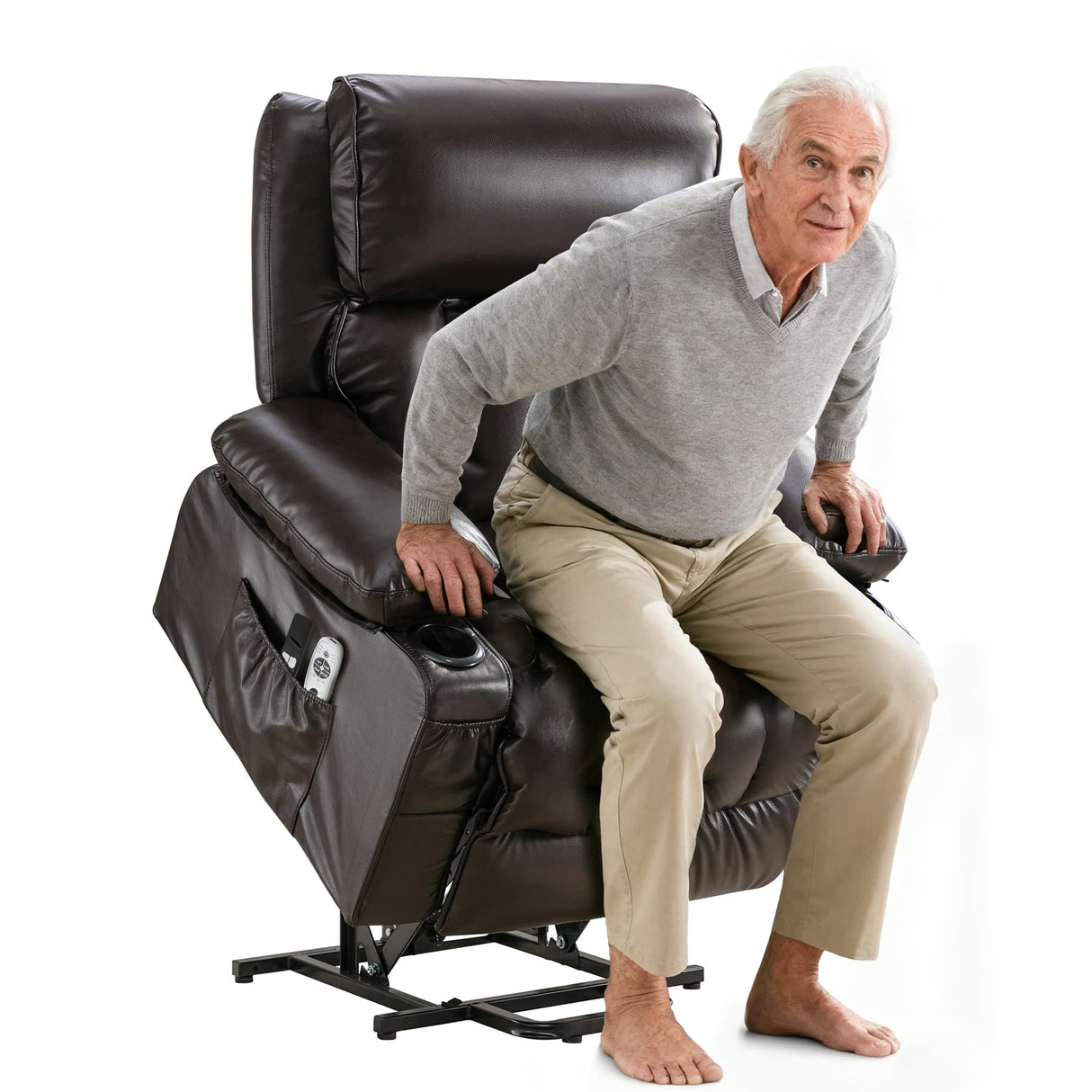 RHHVVR Power Lift Recliner Chair for Elderly, Lay Flat Recliner Chair with Heat and Massage, Electric Stand Assist Leather Lift Lounge Recliner Presents for Family, Dark Brown RHHVVR