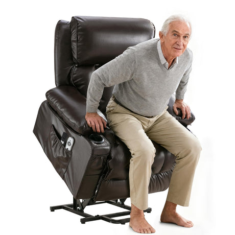 RHHVVR Power Lift Recliner Chair for Elderly, Lay Flat Recliner Chair with Heat and Massage, Electric Stand Assist Leather Lift Lounge Recliner Presents for Family, Dark Brown RHHVVR