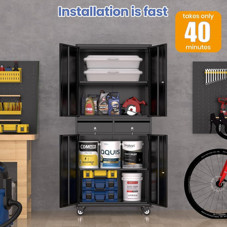 KOKEBREN 73'' Metal Storage Cabinet, Heavy Duty Storage with Wheels, Locking Doors and 2 Drawers, Adjustable Shelves for Garage, Workshop, Office, Black KOKEBREN