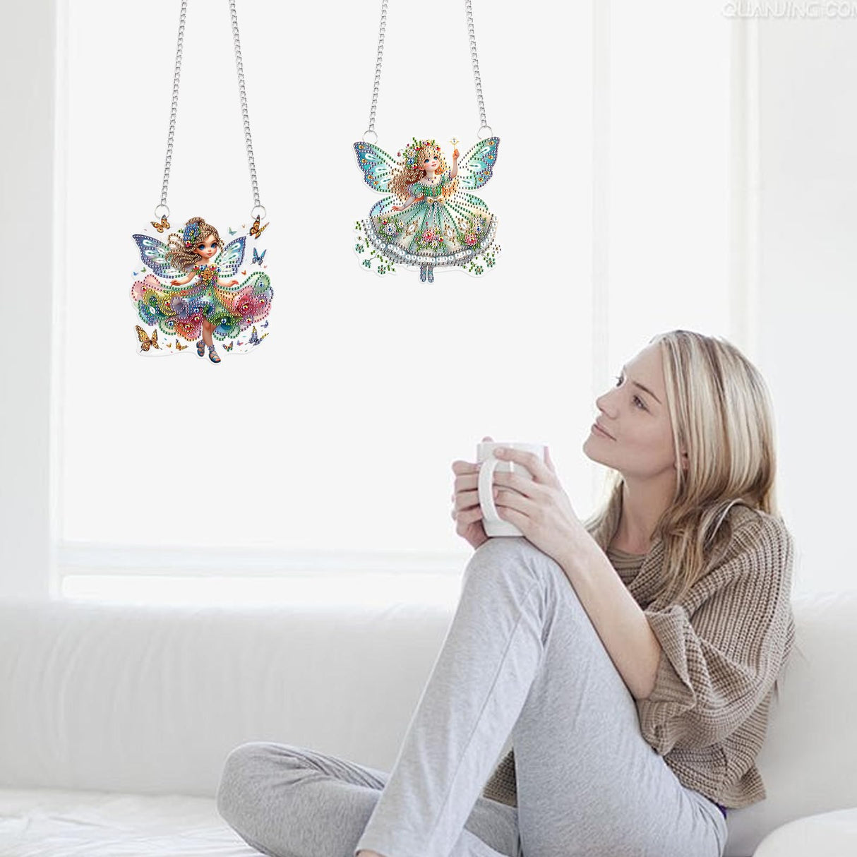 2 Pcs Diamond Painting Fairy Ornaments – DIY Acrylic Hanging Decorations with Chains, Cute Butterfly Flower Elf Girl Design for Home Decor, Gifts, and Crafts antor