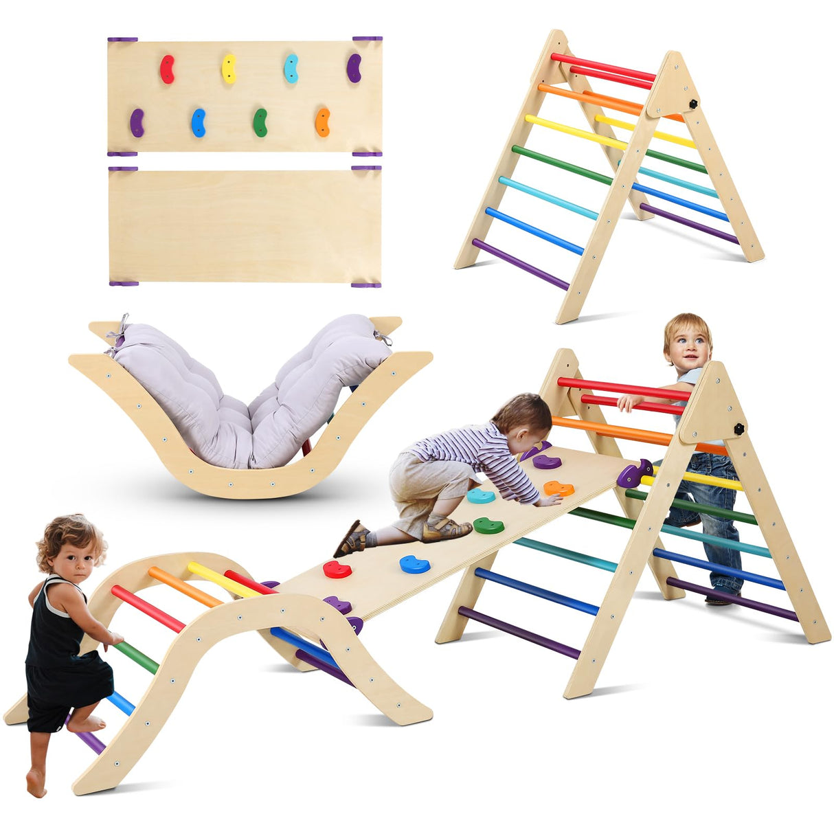 Pikler Triangle Set with Cushion, 5 in 1 Foldable Montessori Climbing Set for Toddlers Age 1-6, Climbing Triangle Set with Slide and Climbing Ramp Toddler Indoor Playgrounds, Gift for Kids (Rainbow) GCCSJ