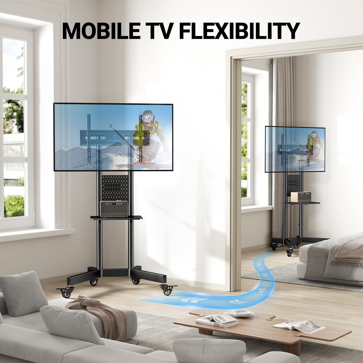 PERLESMITH Rolling TV Stand with Pegboard Storage for 32-85 Inch TVs Holds up to 132 Lbs, Height Adjustable Mobile TV Stand with Laptop Shelf, Portable tv Stand for 4K TVs Max VESA 600x400mm PSTVMC01 PERLESMITH