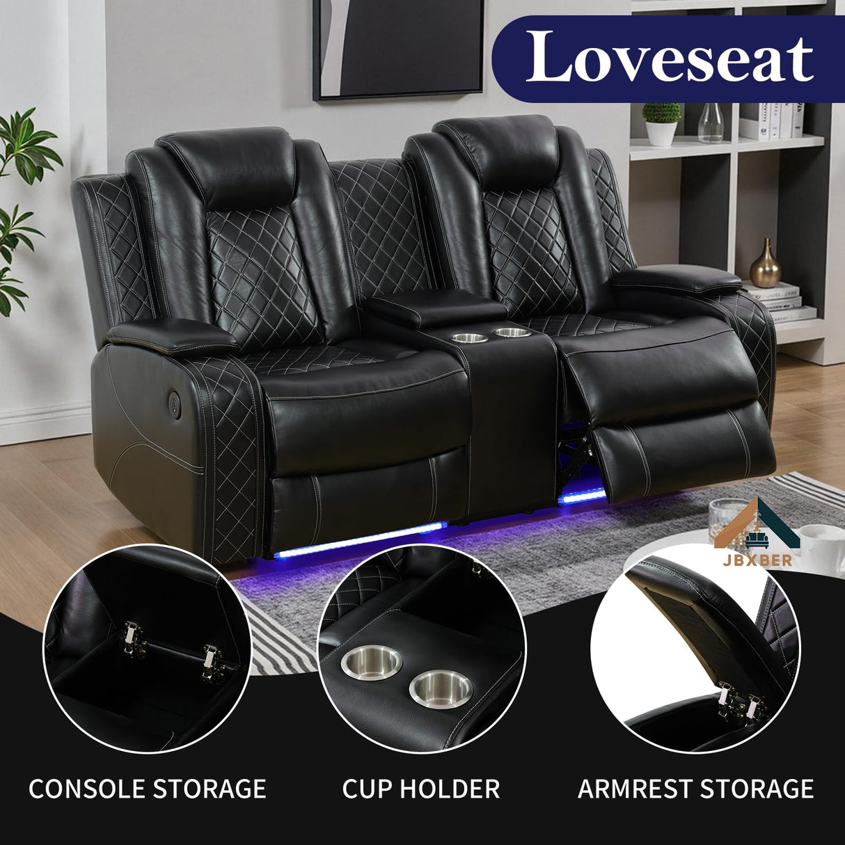 JBXBER Power Recliner Sofa Sets for Living Room, Leather Recliner Sofa Set with LED Light, Console Storage, Cup Holder for Home Theater Seating(Sofa and Loveseat,Black) JBXBER