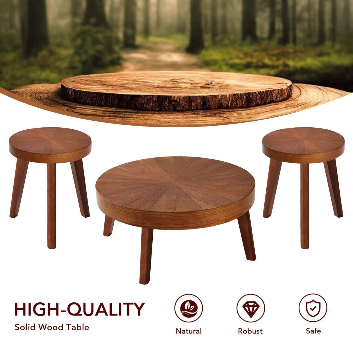 HOKYHOKY Farmhouse Round Coffee Table Set of 3, Boho Sofa Side Nesting Tables End Table Set with Wood Natural Finish for Living Room, Bedroom, Home Office,Brown HOKYHOKY