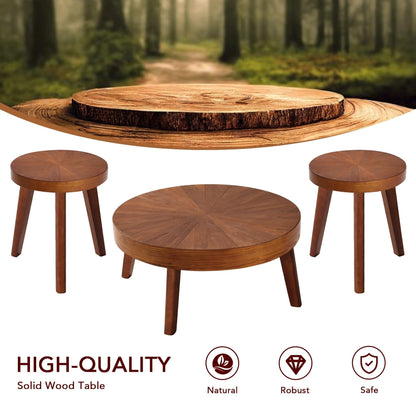 HOKYHOKY Farmhouse Round Coffee Table Set of 3, Boho Sofa Side Nesting Tables End Table Set with Wood Natural Finish for Living Room, Bedroom, Home Office,Brown - WoodArtSupply