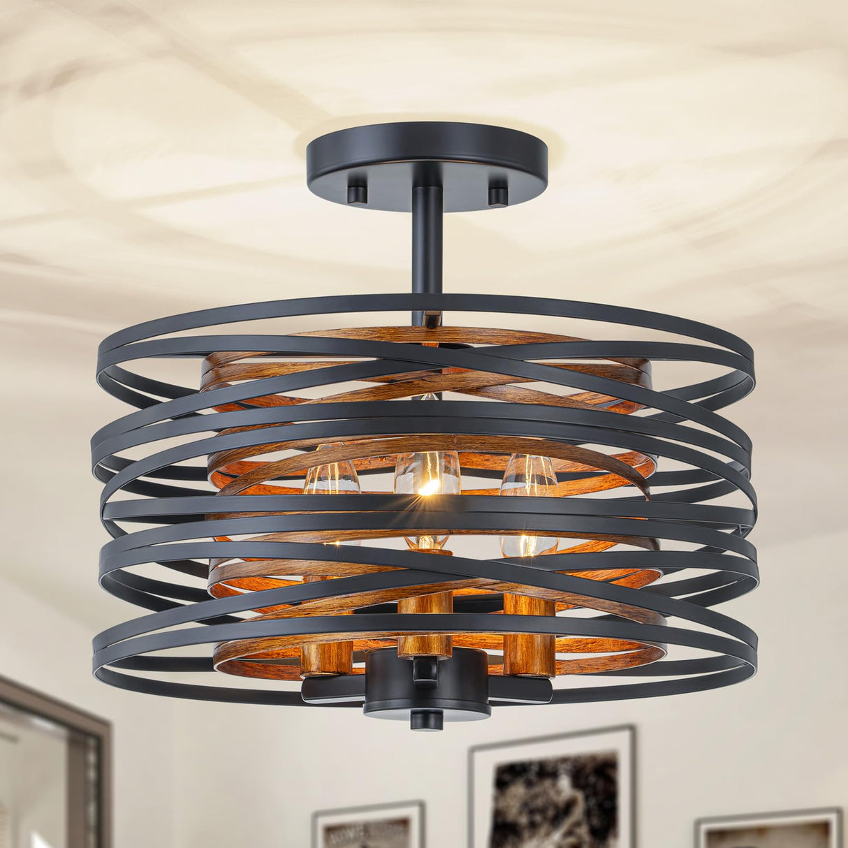 LumFurn 3-Lights Farmhouse Ceiling Light Fixture, Rustic Close to Ceiling Semi-Flushmount, Perfect Lamp for Living Room, Foyer, Kitchen, D12.6 x H11, Matte Black & Wood Texture Finish LumFurn