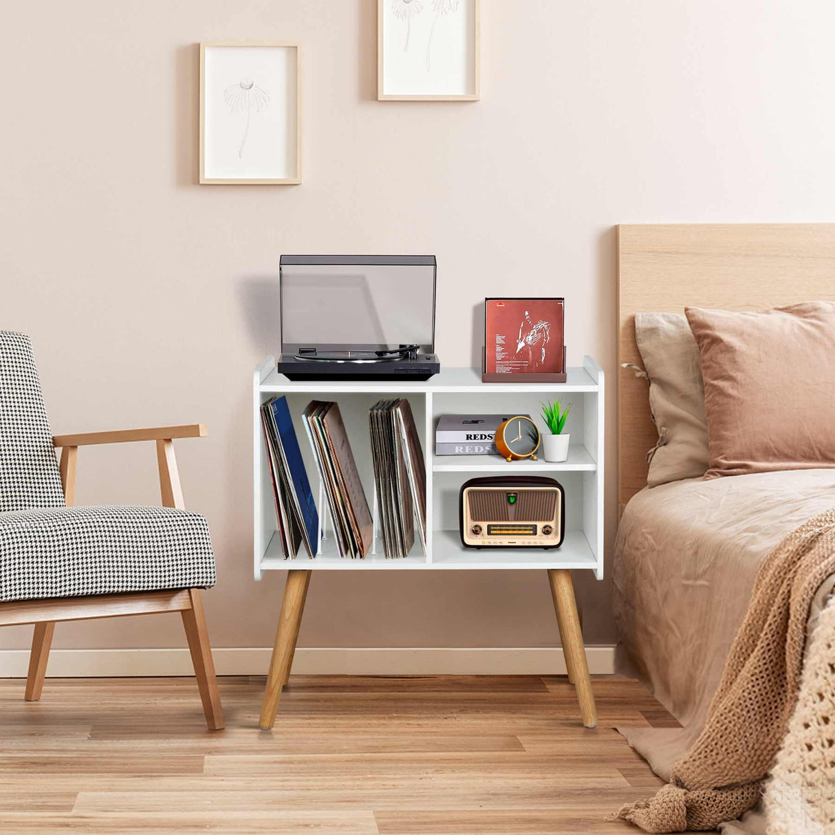 Possile Mid-Century Record Player Stand, Vinyl Record Cabinet Holder with Storage Up to 100 Albums, Record Player Table for Living Room Bedroom Office, Turntable Stand with Wood Legs, White Possile