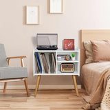 Possile Mid-Century Record Player Stand, Vinyl Record Cabinet Holder with Storage Up to 100 Albums, Record Player Table for Living Room Bedroom Office, Turntable Stand with Wood Legs, White Possile