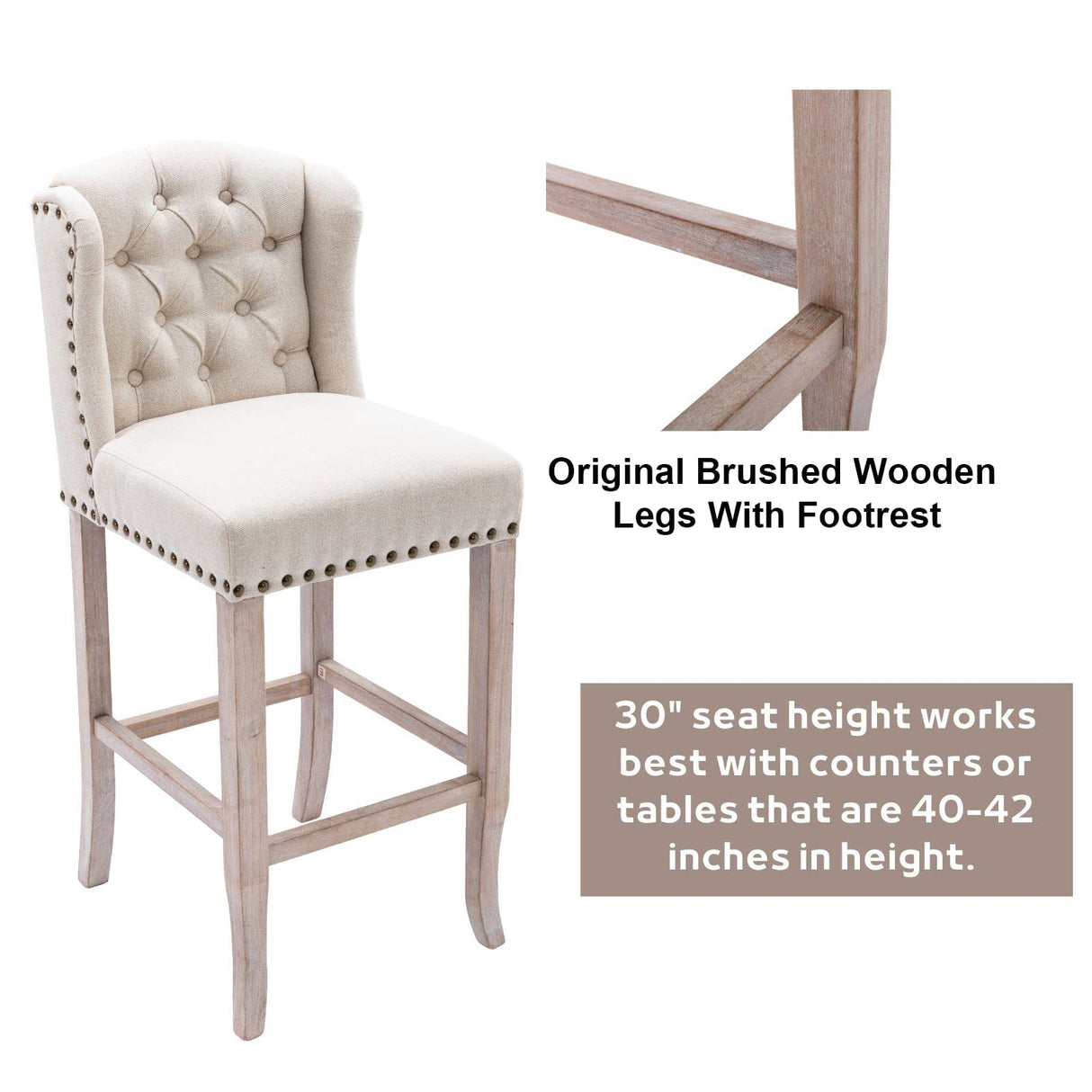 DUOMAY Classic Tufted 30 Inch Bar Stools Set of 2, Linen Upholstered Counter Chairs with Back, Armless Barstools Breakfast Stools W/Solid Wood Legs for Kitchen Island Lounge Pub Bar, Beige DUOMAY