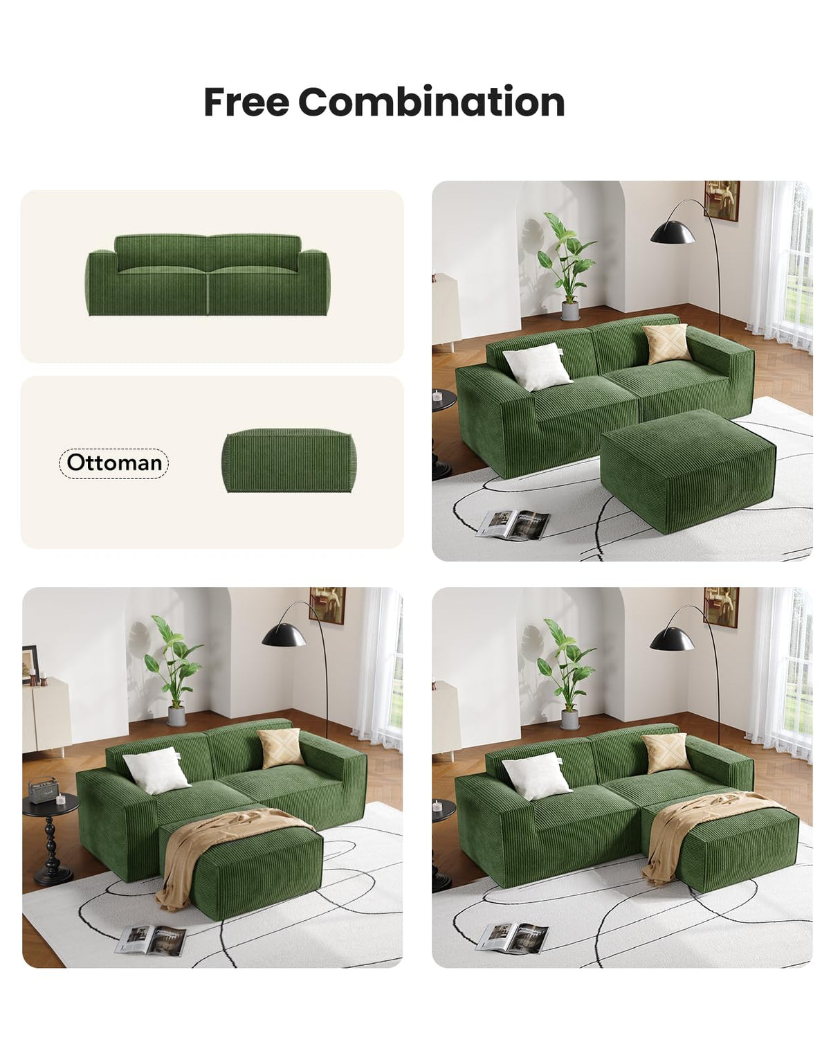 Amada 80" L Shaped Sofa Modular, Corduroy Clopud Couches with Deep Seats &High-Back, Upholstered Couches for Living Room Bedroom with Ottoman, No Assembly Required(2-Seater&1 Ottoman,Green) AMADA HOMEFURNISHING