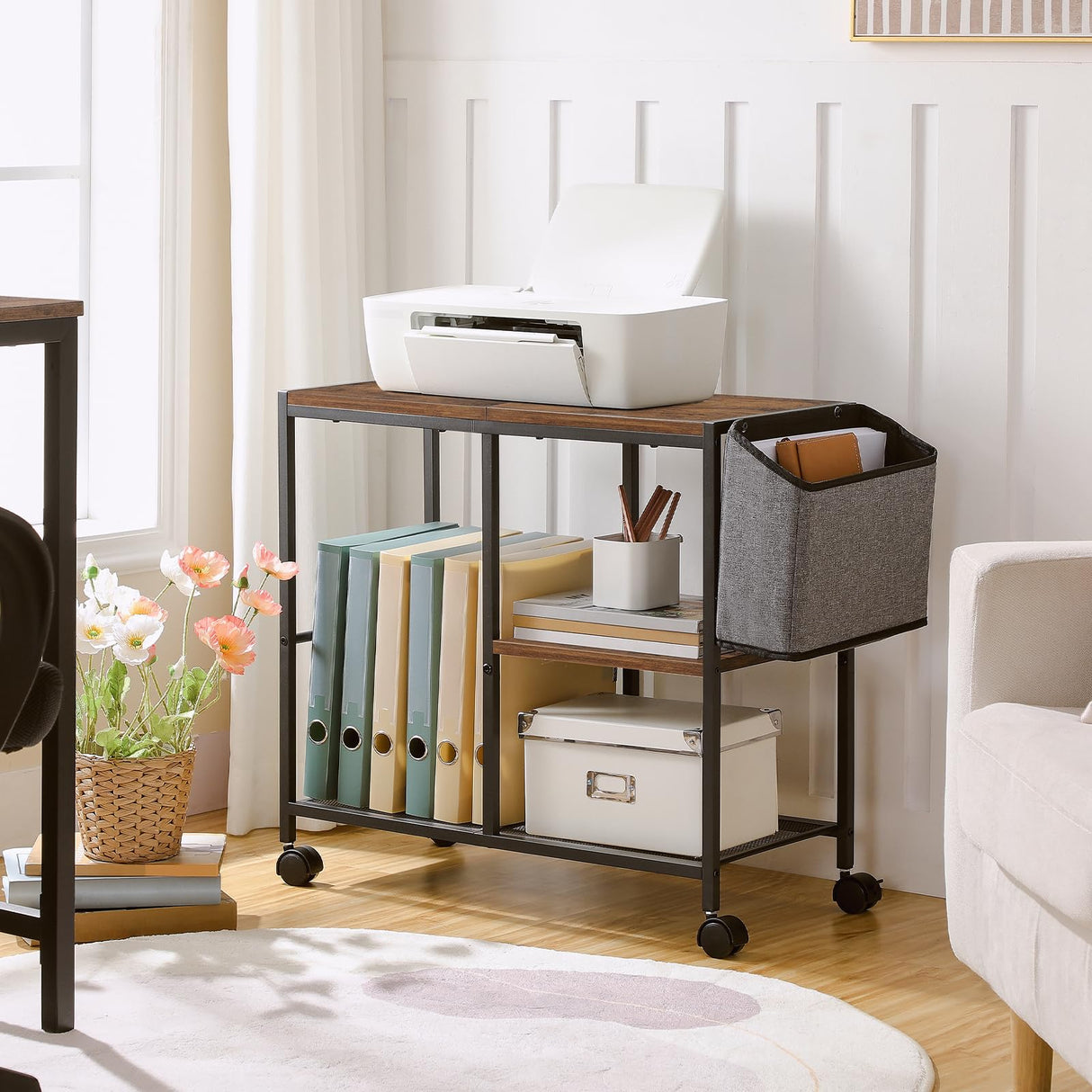 MAHANCRIS Printer Stand with Storage Bag, 3-Tier Mobile Under Desk Printer Cart with Wheels, Wood Rolling Printer Table, Organizer Shelf for Study, Office, Living Room, Rustic Brown PTHR2201 MAHANCRIS