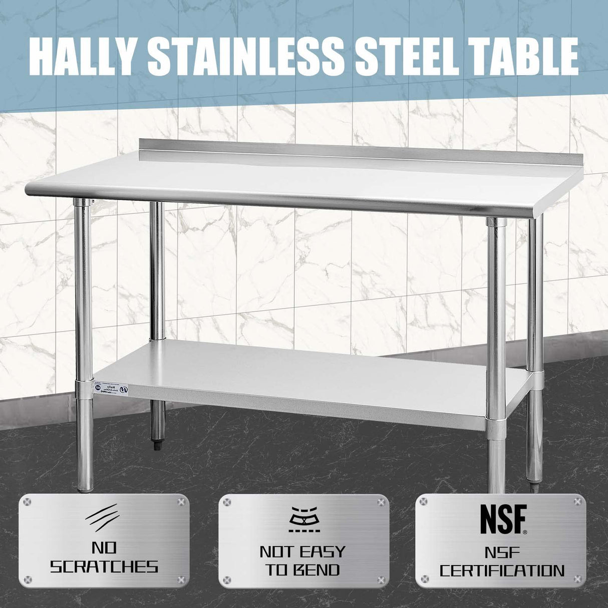 Hally Sinks & Tables H Stainless Steel Table for Prep & Work 24 x 60 Inches, NSF Commercial Heavy Duty Table with Undershelf and Backsplash for Restaurant, Home and Hotel HALLY SINKS & TABLES H