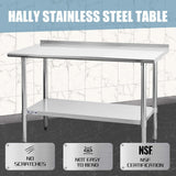 Hally Sinks & Tables H Stainless Steel Table for Prep & Work 24 x 60 Inches, NSF Commercial Heavy Duty Table with Undershelf and Backsplash for Restaurant, Home and Hotel HALLY SINKS & TABLES H