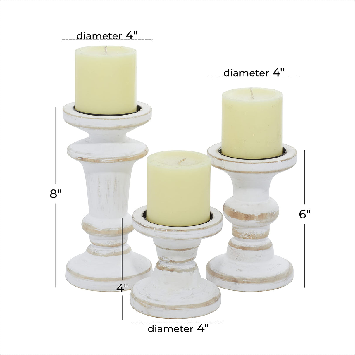 Deco 79 Wood Decorative Candle Holder Candle Stand, Set of 3 Candlestick Holder 8", 6", 4"H, White Deco 79