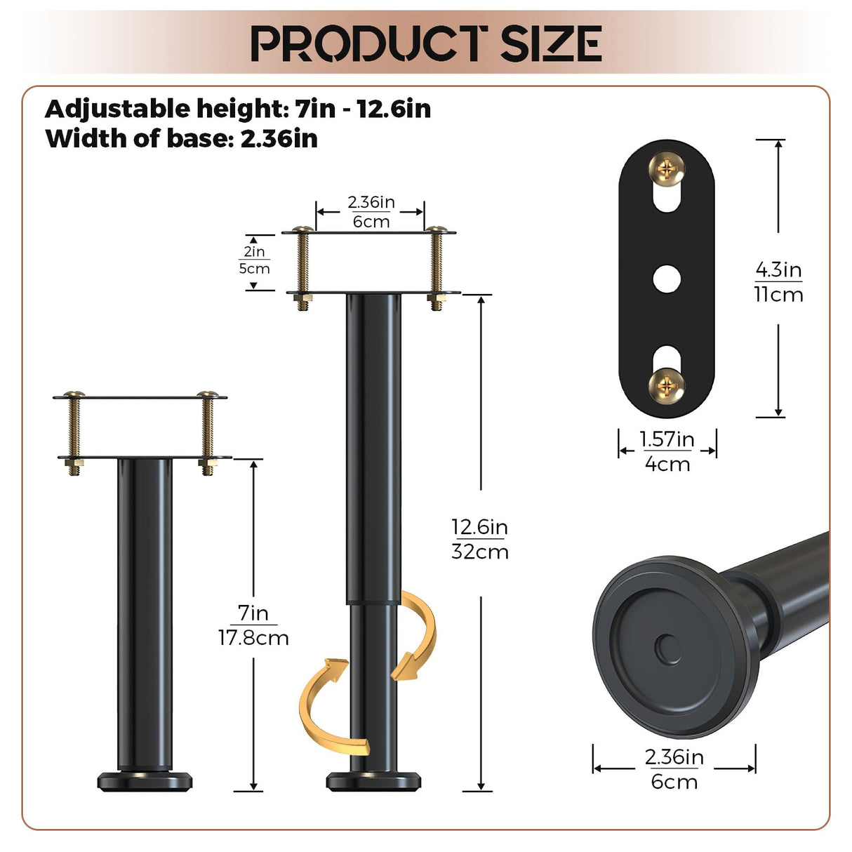 YUEYIN Under Bed Metal Support Legs, Adjustable Height Bed Frame Support Leg, Bed Slat Support Leg for Heavy Duty/Wooden/King/Queen Bed Frame (7"-12.6" (4pcs)) YUEYIN