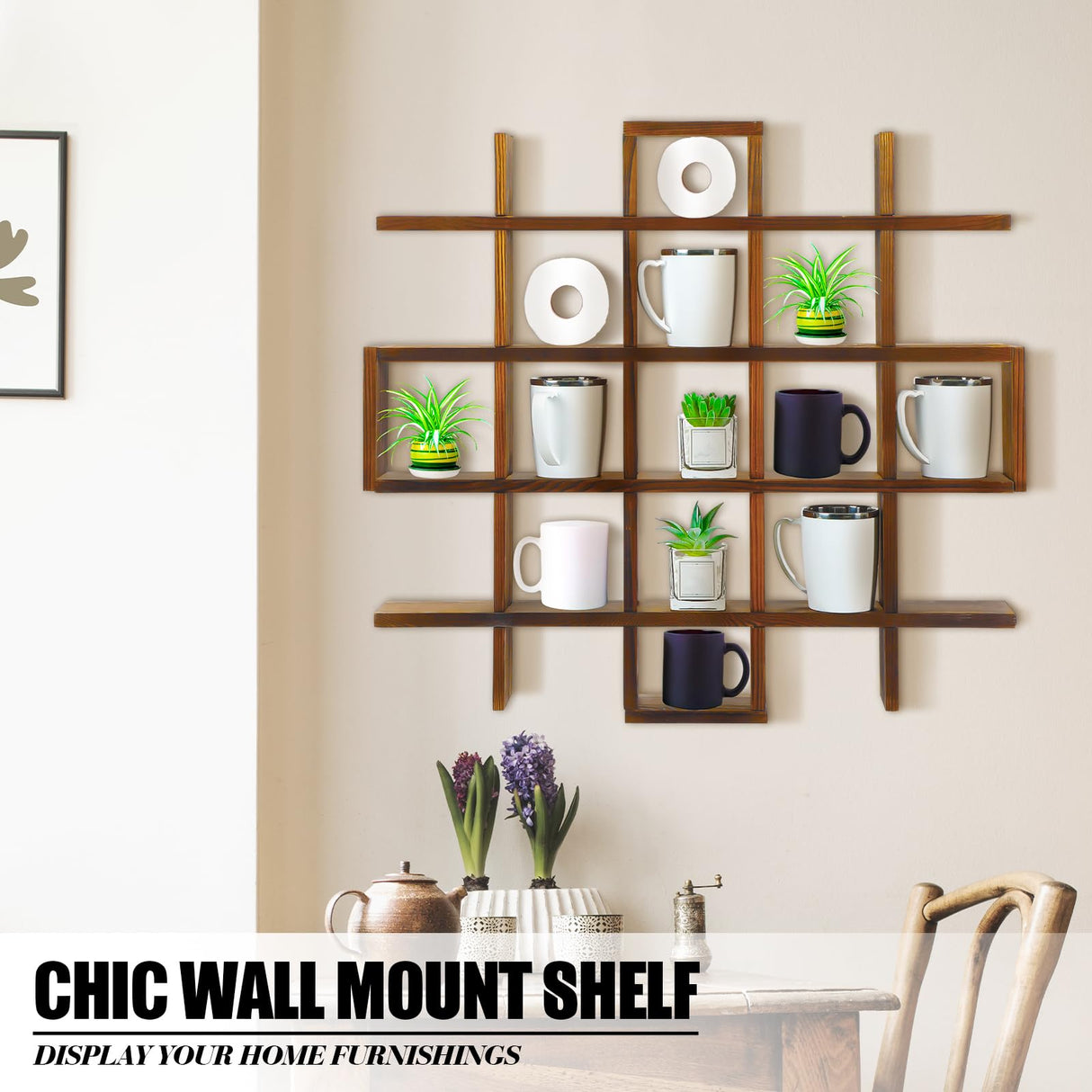 Suzile Rustic Brown Oversize Coffee Mug Display Rack Wooden Display Shelves Rustic Wooden Floating Curio Shelf Travel Mug Shelf Wall Mounted Coffee Suzile