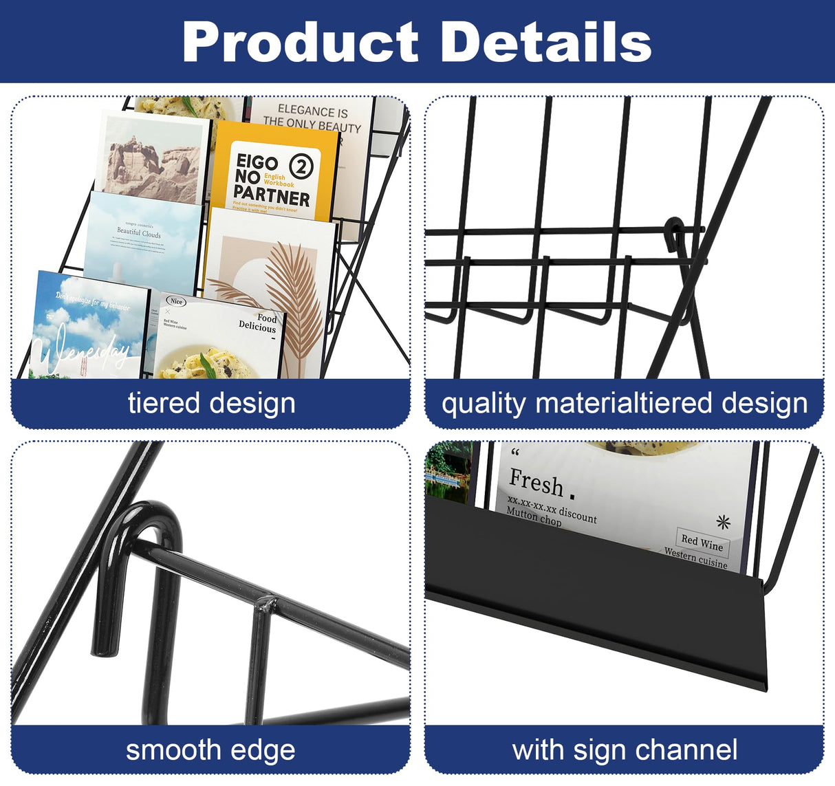 Suuiwau 6 Tier Wire Countertop Rack,18" Wide Metal Book Display Rack Magazine Rack with Sign Channel,Foldable Retail Vendor Booth Display Stand for Greeting Card,Brochure,Art Print,CD,Craft,Comic Suuiwau
