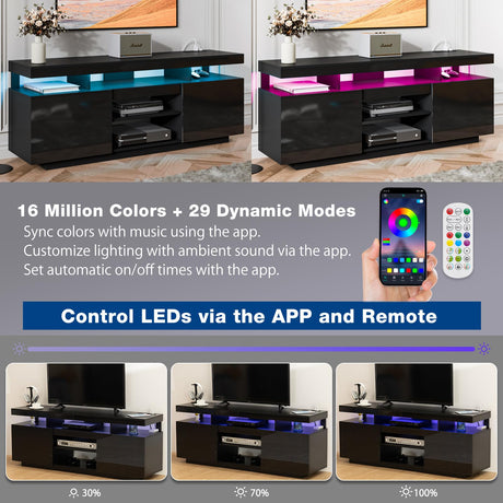 HOMMPA LED TV Stand with Power Outlets for 70/65/60/55 inch TV Modern Entertainment Center with Storage, Gaming TV Consoles with LED Lights Game Cabinet for Living Room Grey& Black HOMMPA