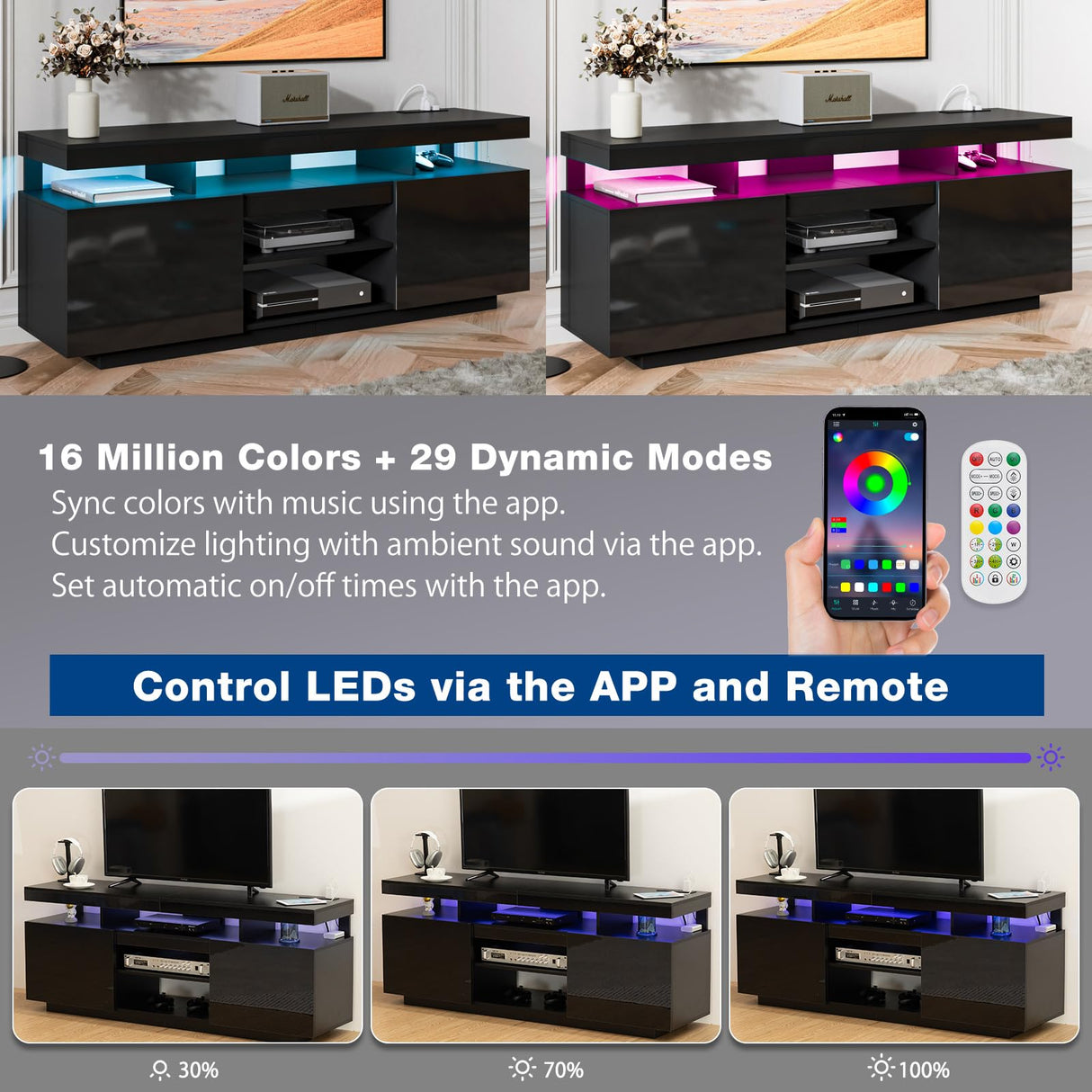 HOMMPA LED Lift Top Coffee Table and TV Stand Set of 2, Modern LED Entertainment Center for up to 70" TV, Coffee Table with Hidden Compartment & 2 Open Shelve & 2 Drawers Grey& Black HOMMPA