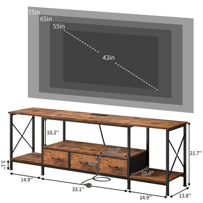 Fixwal TV Stand for 65 60 70 Inch TV with Power Outlets, Entertainment Center with Fabric Drawers, TV Console Table with Metal Frame Storage Shelves for Living Room, Bedroom - 63" Rustic Brown