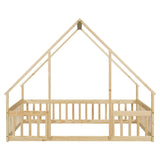 Bellemave Full Size Natural Montessori House Bed with Fence Rails for Kids Bellemave