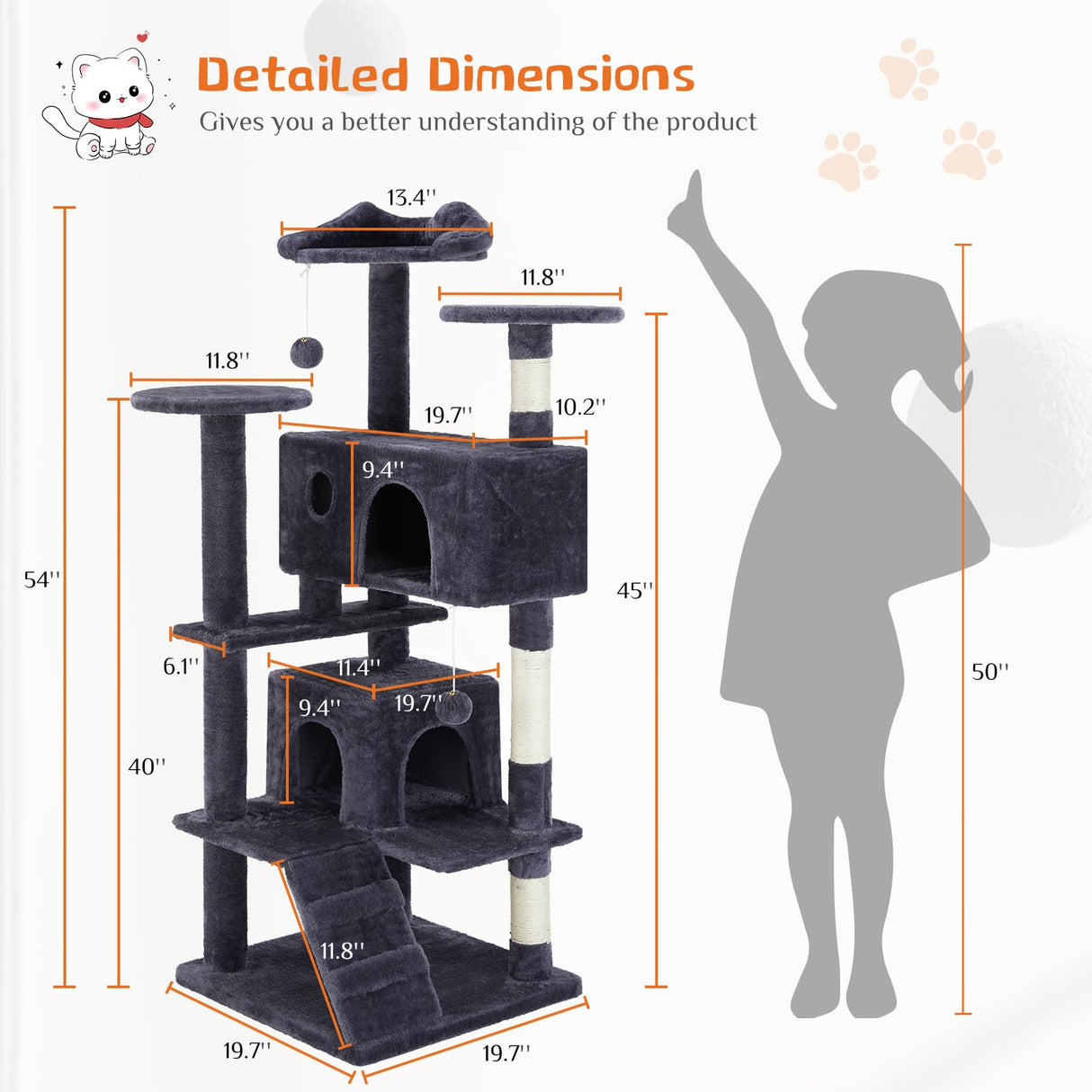 Sweetcrispy 54-Inch Cat Tree Tower – Multi-Level with Sisal Scratching Post, Perfect Pet Gift, Indoor Condo with Climbing Ladder, Plush Toy, and More Animal Stuff, Grey Sweetcrispy
