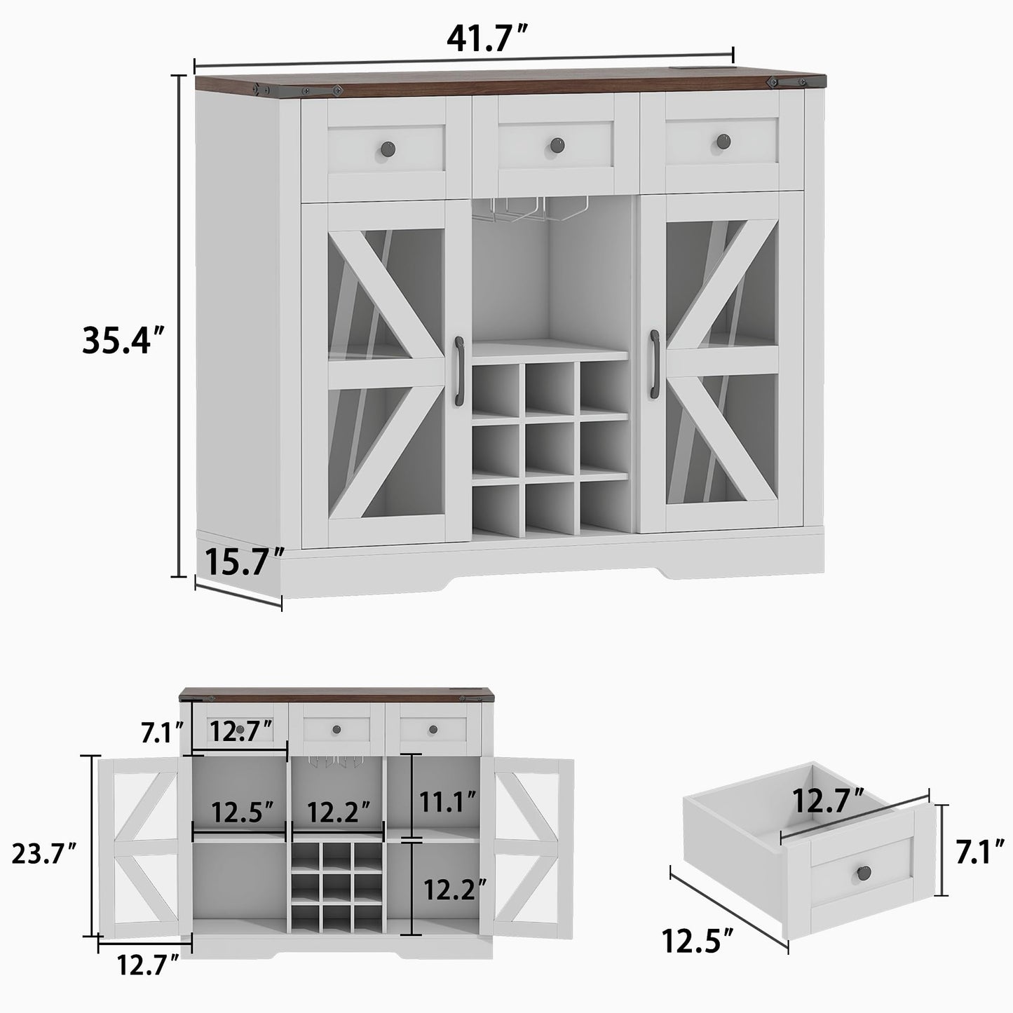 42" Coffee Bar Wine Cabinet with Barn Doors&LED Light, Farmhouse Sideboard Buffet Cabinet with Wine Bottle Rack, 3 Drawers, Storage Cabinet for Dining Room,Kitchen, White