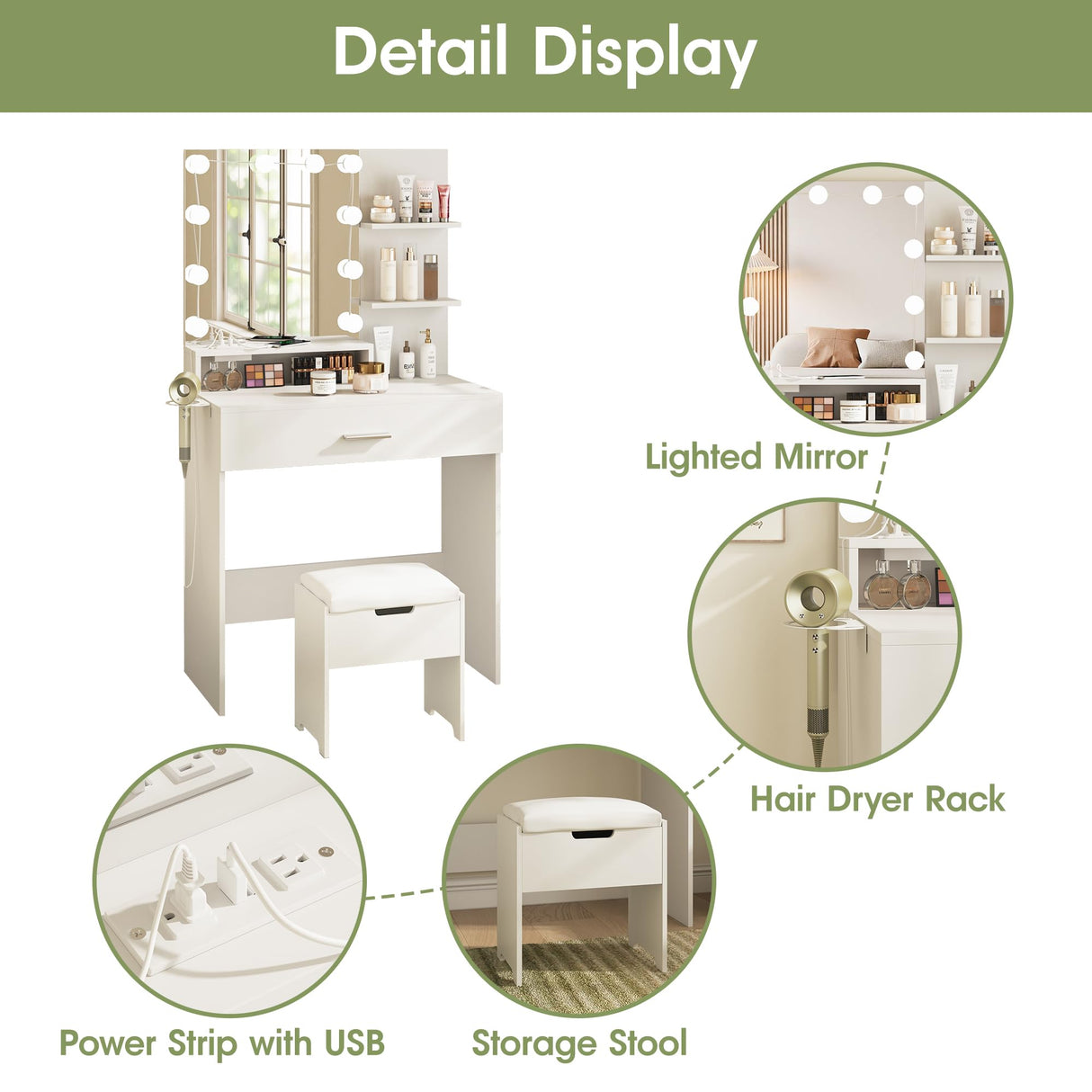 Vabches Makeup Vanity Table with Lighted Mirror & Power Strip, White Vanity Set, Lots Storage, 3 Lighting Modes, Brightness Adjustable, 31.5 * 15.75 * 57.7in, White Vabches