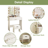 Vabches Makeup Vanity Table with Lighted Mirror & Power Strip, White Vanity Set, Lots Storage, 3 Lighting Modes, Brightness Adjustable, 31.5 * 15.75 * 57.7in, White Vabches