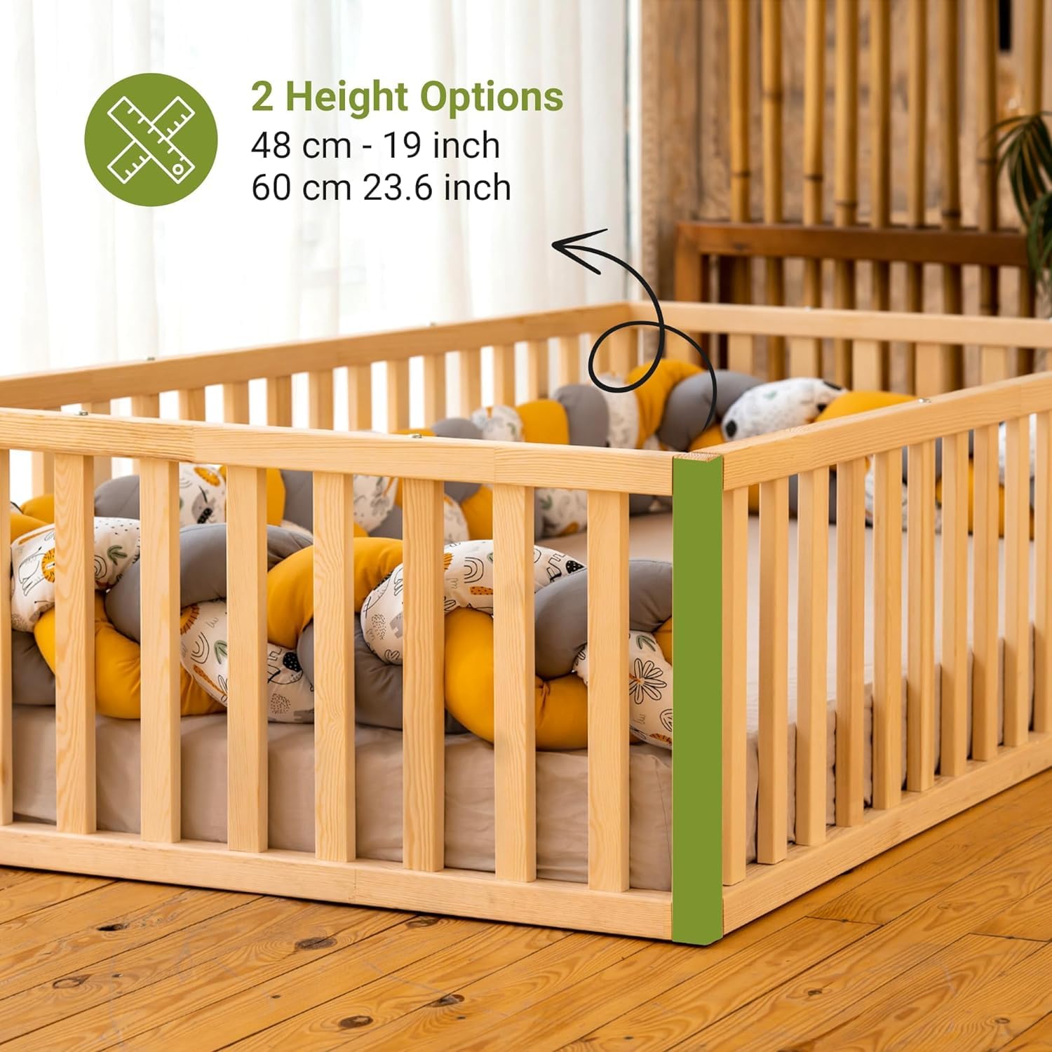 Montessori Floor Bed for Kids 52x27,5'' | Toodlers Floor Bed with Safety Guardrails | Pine Wood Baby Bed | Sturdy Wood Frame Bed for Girls and Boys (Crib, Height : 17 Inches) - WoodArtSupply