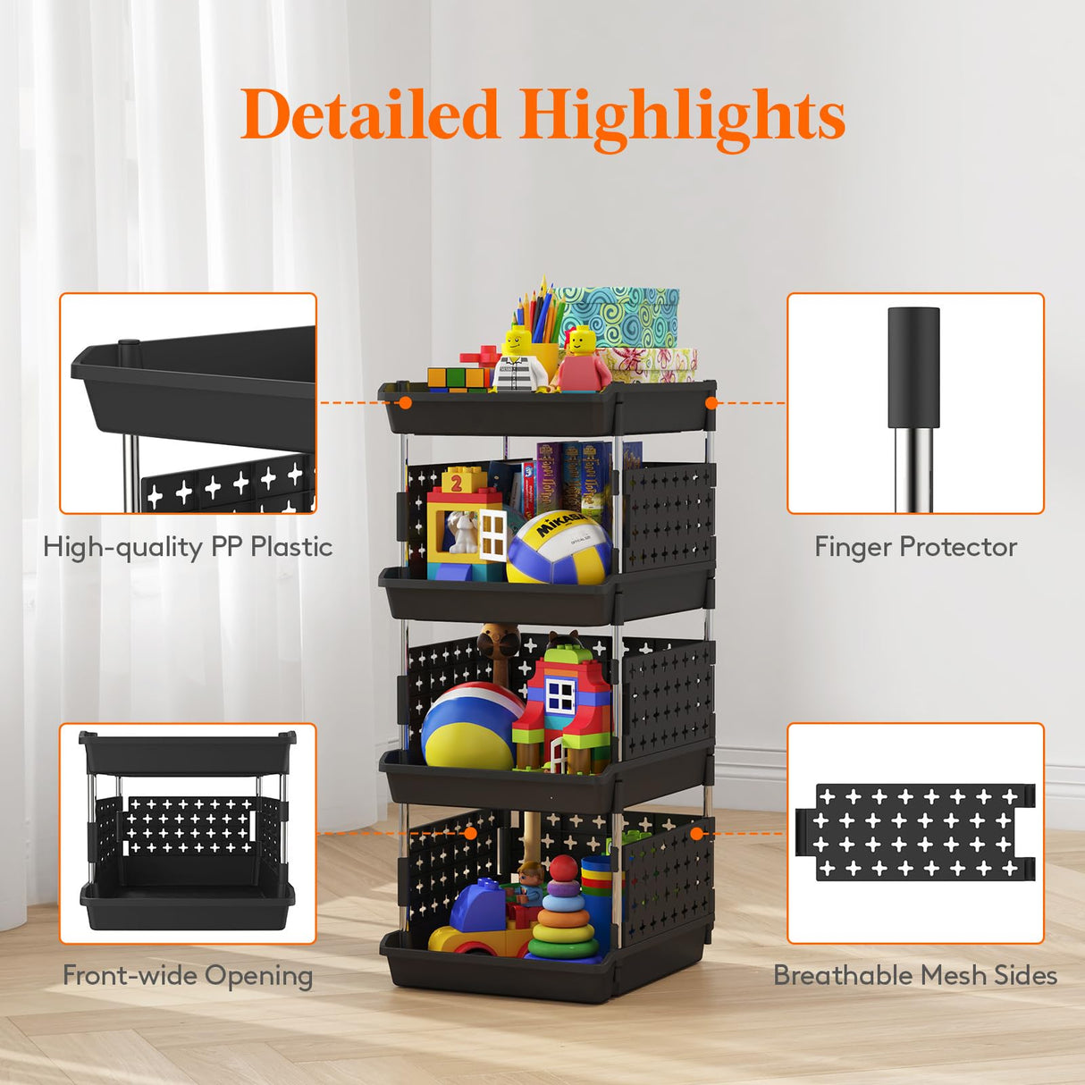 Lifewit Plastic Stackable Storage Baskets, 4 Tier Stacking Bins 13.8"D x 11.8"W x 28.3"H, Large Capacity Multi-Functional Containers Shelves for Pantry, Playroom, Kitchen and Bedroom, 1 Pack, Black Lifewit
