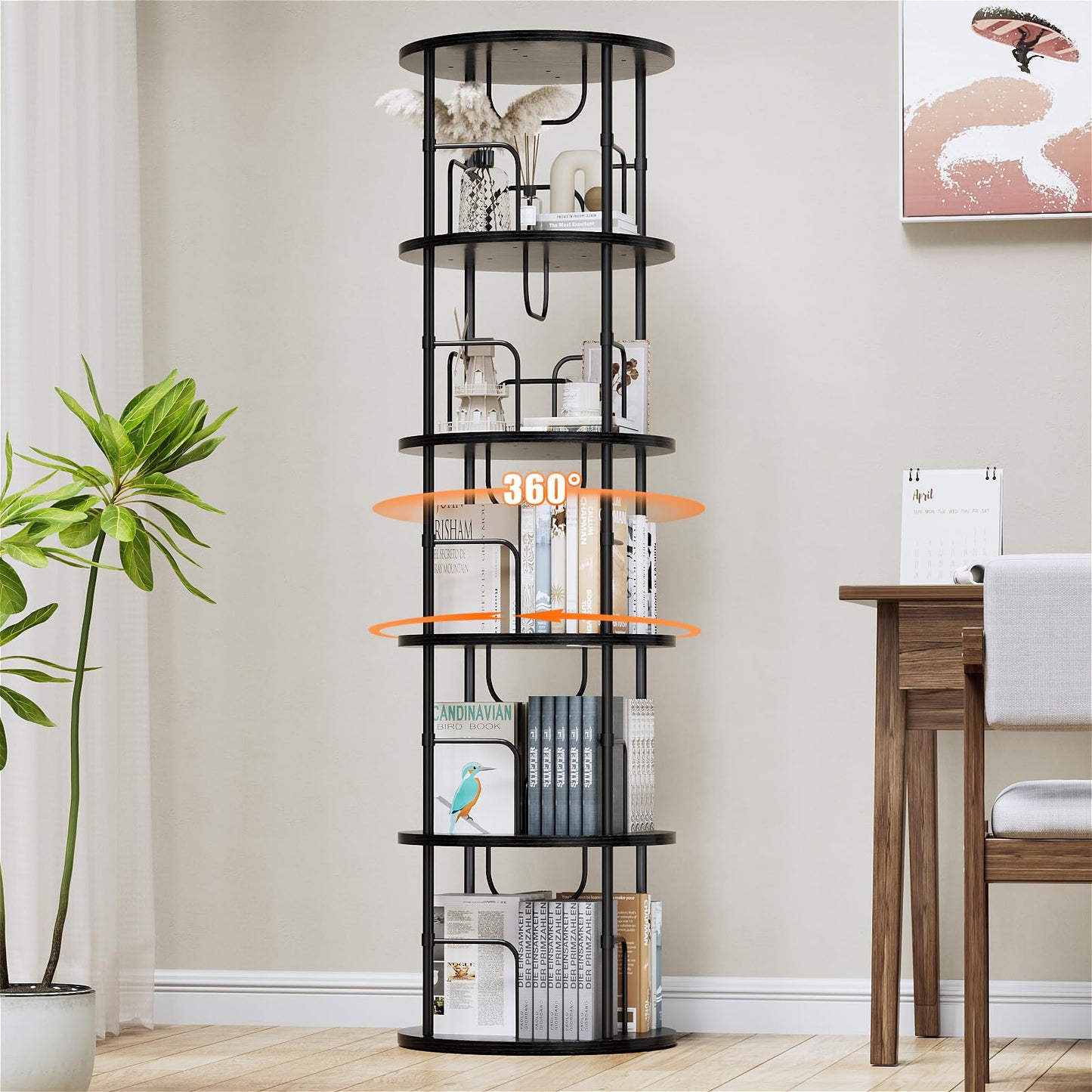 ALLSTAND 5-Tier 360° Rotating Black Bookshelf – Space-Saving Swivel Tower for Home Storage - WoodArtSupply