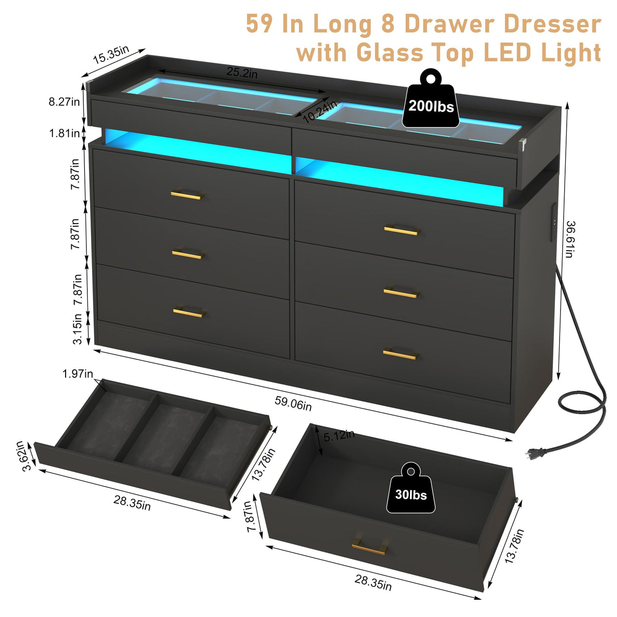 Hlivelood 59''W Long Wooden 8 Drawer Dresser for Bedroom with Glass Tabletop,Modern Wide 6 Chest of Drawers & 2 Jewelry Drawers,LED Light,Charging Station,Tall Storage Dresser for Bedroom,Black Hlivelood