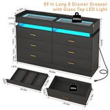 Hlivelood 59''W Long Wooden 8 Drawer Dresser for Bedroom with Glass Tabletop,Modern Wide 6 Chest of Drawers & 2 Jewelry Drawers,LED Light,Charging Station,Tall Storage Dresser for Bedroom,Black Hlivelood