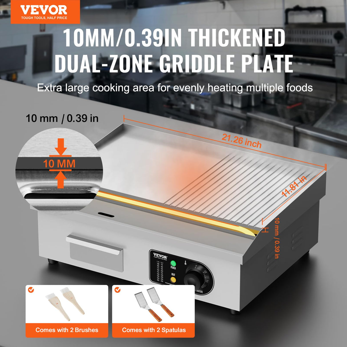 VEVOR Commercial Electric Griddle, 1600W Countertop Half-Flat Top Grill, 22in Stainless Steel Griddle Grill with 2 Shovels and 2 Brushes for Home or Restaurant, 122℉-572℉ Adjustable Temp VEVOR