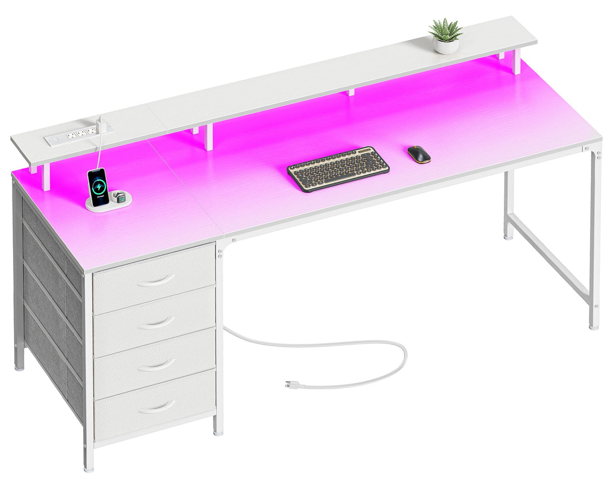 Huuger 63 Inch Computer Desk with Power Outlets and LED Lights, Gaming Desk with 4 Drawers, Office Desk with Monitor Stand, Study Desk Work Desk for Home Office, White Huuger