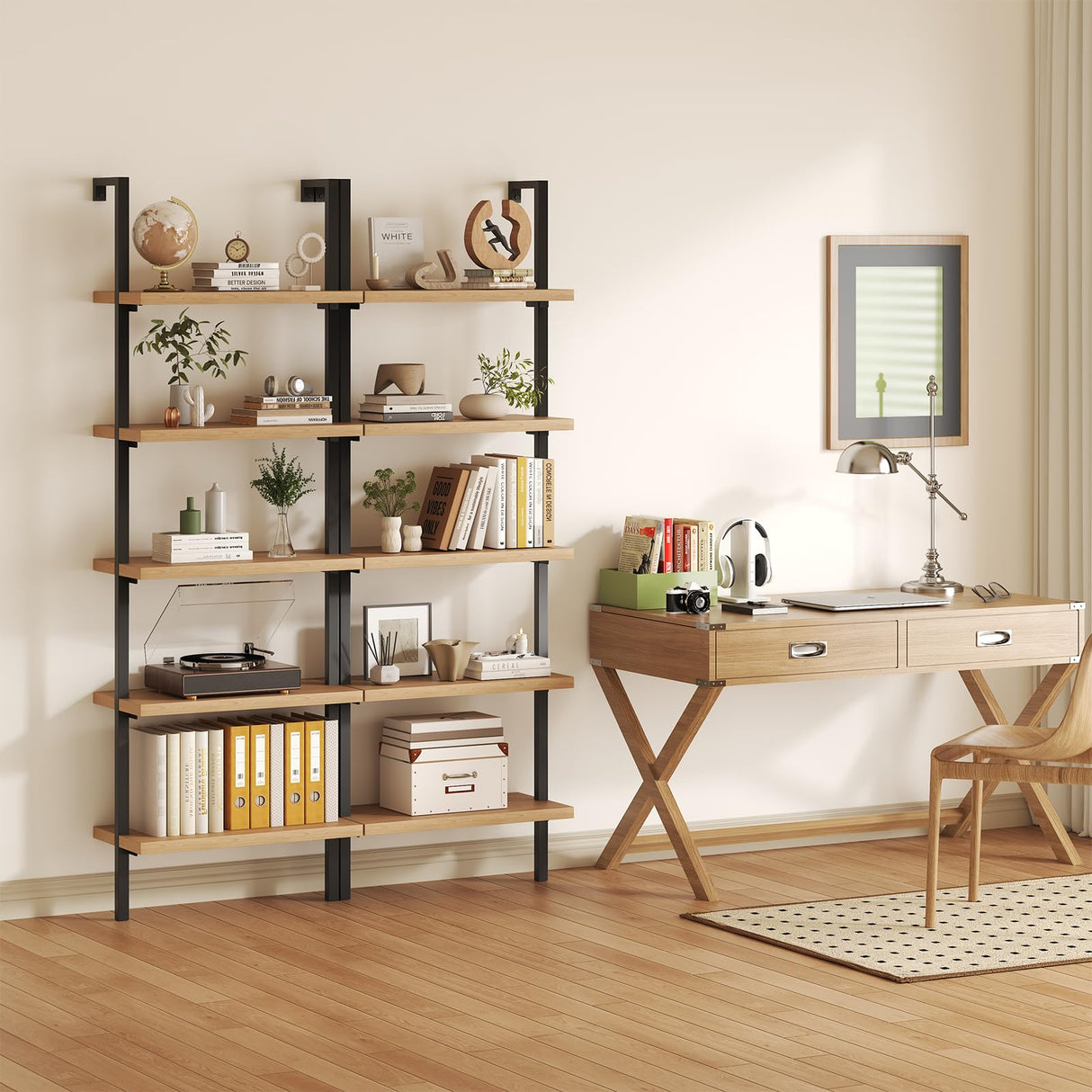 Airynee Ladder Bookshelf, 5 Tier Book Shelf, Wall Mount Bookshelves and Bookcases with Metal Frame, Anti Dump, Tall Bookcase for Living Room, Home Office, Bedroom Oak Airynee