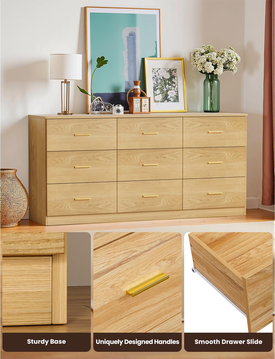 Miscoos 9 Drawer Dresser, 62.9" Large Deep Chest of Drawers,Wooden Dresser Storage Cabinet with 9 Drawers for Bedroom, Long Natural Dressers for Living Room, Hallway,Nursery Miscoos