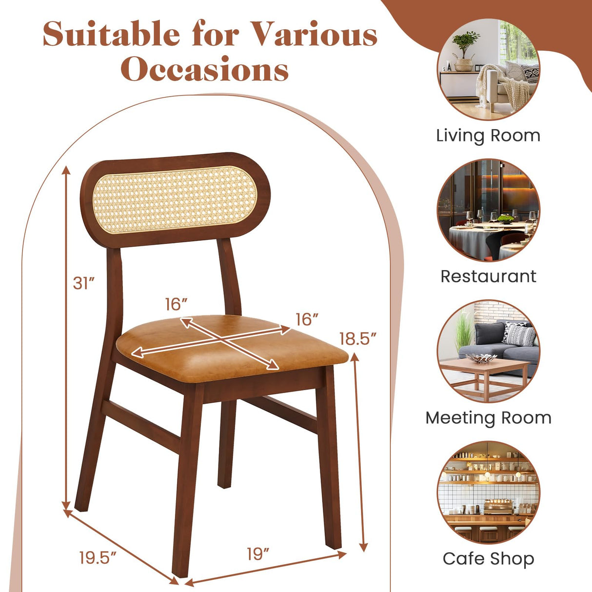 Giantex Wooden Dining Chairs Set of 2, PU Leather Upholstered Kitchen Chairs w/Breathable Mesh Cane Backrest, Rubber Wood Frame, Padded Seat, Farmhouse Armless Side Chairs for Dining Room, Coffee Giantex