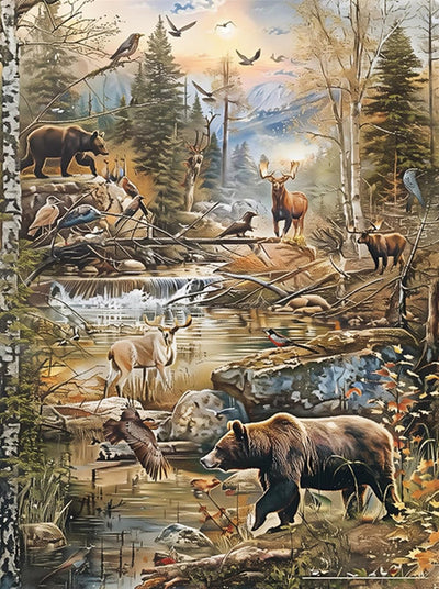 MaiYiYi Wild Forest Diamond Painting by Numbers, 5D Full Round Drill Black Bear Diamond Painting Cross Stitch Kit, Elk Crystal Diamond Painting Set for Adult Beginners Wall Art Decor (35X45 CM)