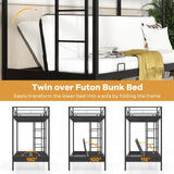 Giantex Twin Over Futon Bunk Bed, Metal Bunk Bed with Futon, 2 Ladders & Safety Guardrails, Heavy Duty Couch Bunk Bed with Under-Bed Space, Convertible Sofa Bunk Bed for Kids, Teens, Adults, Black Giantex
