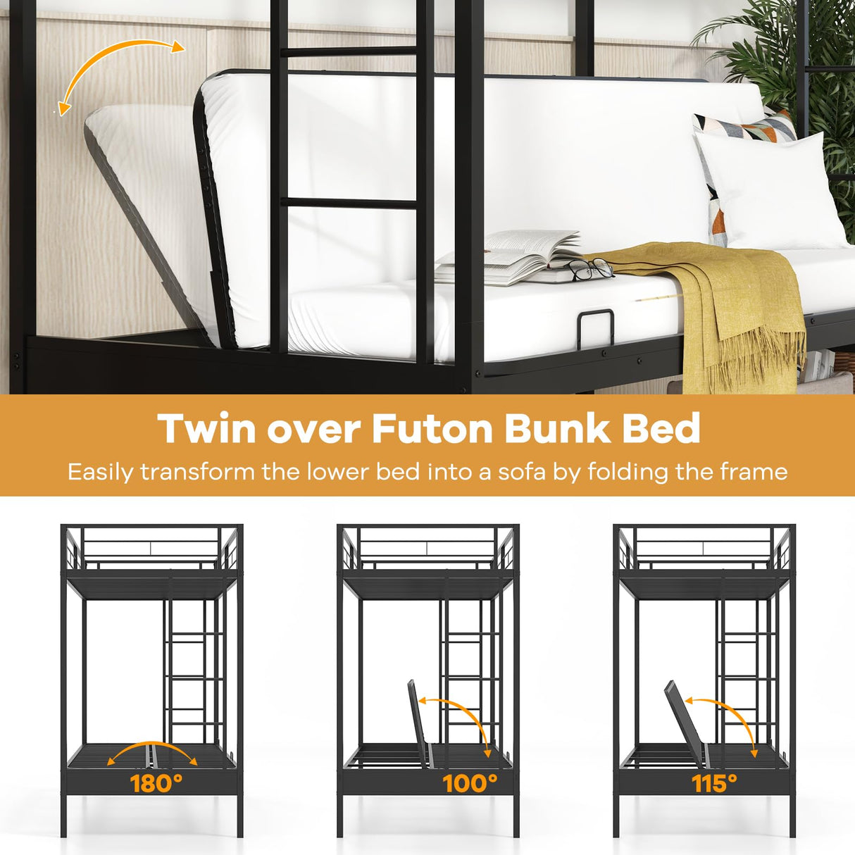 KOMFOTT Metal Twin Over Futon Bunk Bed, Heavy-Duty Loft Bed with Convertible Futon Underneath, Metal Slats Support, Dual Ladders & Full Length Guardrail, No Box Spring Needed (Black) KOMFOTT