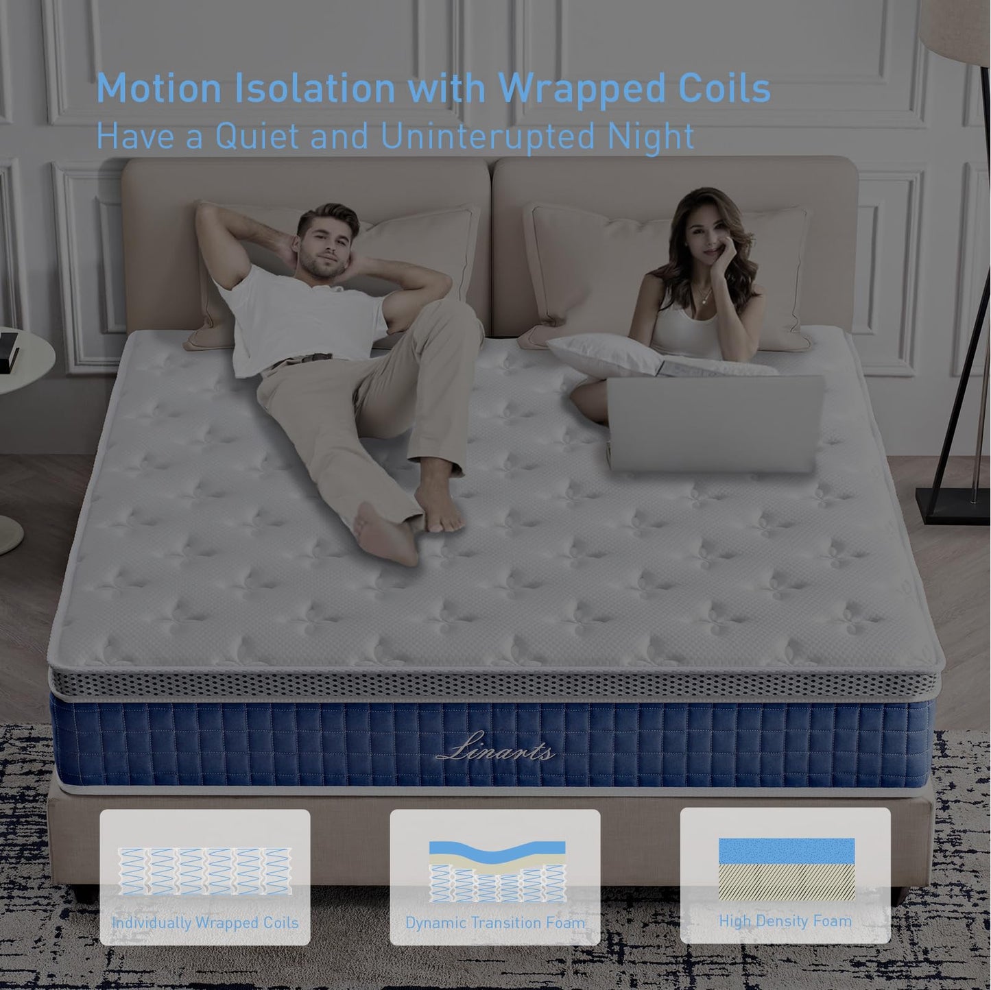 LINARTS Queen Mattress, 12 Inch Queen Size Hybrid Mattress in a Box with Pocket Spring & Soft Knitted Fabric for Comfort, Motion Isolation, Pressure Relief, Edge Support, Improve Sleep, Medium Firm